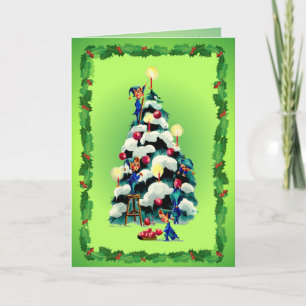 ELVES, HOLLY & CHRISTMAS TREE by SHARON SHARPE Feestdagen Kaart