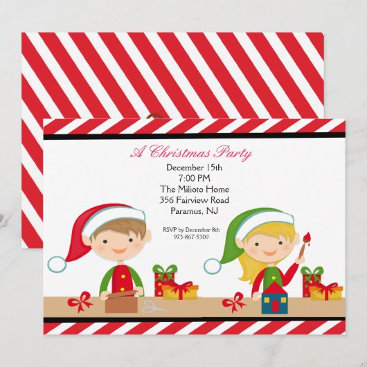 Elves in een workshop uitnodigen voor kerstfeest kaart (Voorkant / Achterkant)