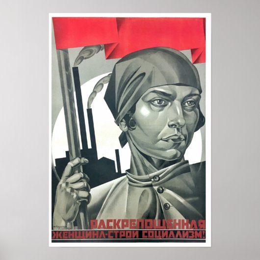 Emancipated Woman bouwt socialisme! Sovjet Poster (Voorkant)