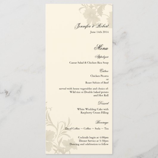 Embassy Floral Ecru Creme Wedding Menu Kaart (Voorkant)