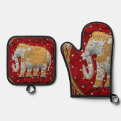 Embellished Indian Elephant Red and Gold Ovenwant & Pannenlap Set (Voorkant)