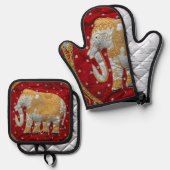 Embellished Indian Elephant Red and Gold Ovenwant & Pannenlap Set (Voorkant / Achterkant)