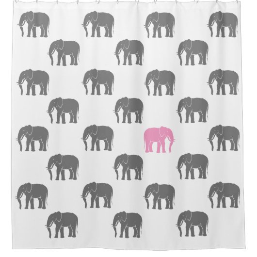 Emblematisch roze olifant onder grijze ogen op wit douchegordijn (Voorkant)