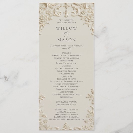 Embossed Baroque Ivory Wedding Program Programmakaart (Voorkant)