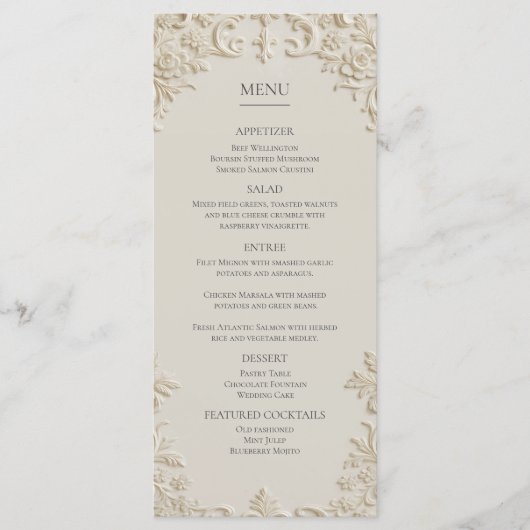 Embossed Elegant Ivory Floral Wedding Menu (Voorkant)