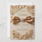 Embossed Floral Wedding Invitation – Satin Bow & G Kaart (Voorkant)