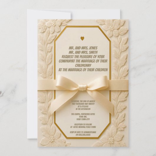 Embossed Floral Wedding Invitation – Satin Bow & G Kaart (Achterkant)