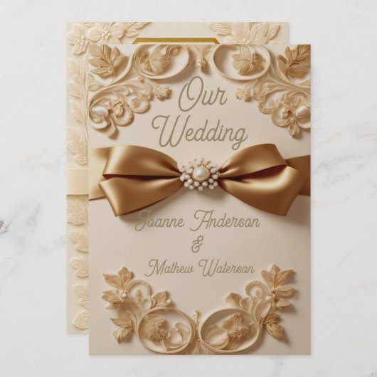 Embossed Floral Wedding Invitation – Satin Bow & G Kaart (Voorkant / Achterkant)