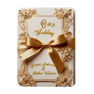 "Embossed Floral Wedding Invitation Satin Bow  Magneet