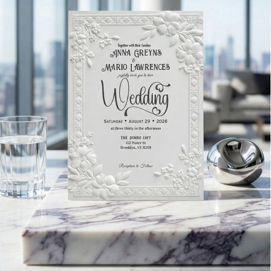 Embossed Floral White Formal Wedding  Kaart
