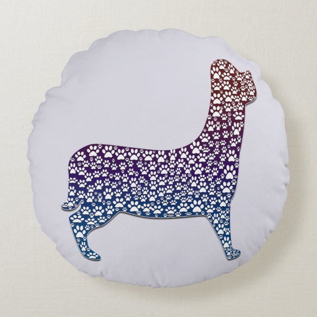 Embossed Indigo Gradient Paw Print Dog Outline Rond Kussen (Voorkant)
