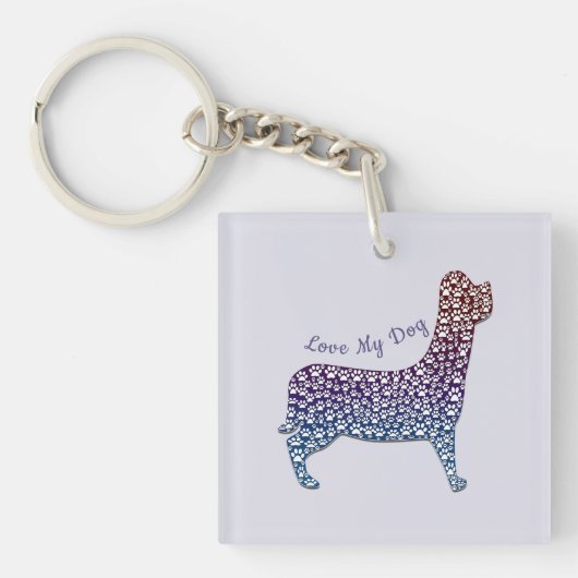Embossed Indigo Gradient Paw Print Dog Outline Sleutelhanger (voorkant)