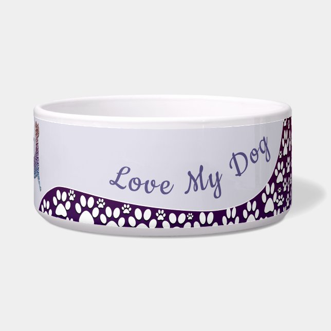 Embossed Indigo Gradient Paw Print Dog Outline Voerbakje (Voorkant)
