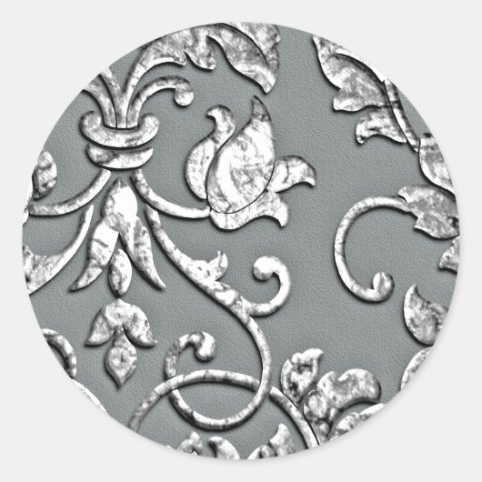 Embossed Metallic look Damask Silver Ronde Sticker (Voorkant)