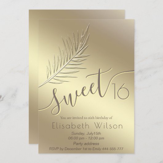Embossed palm minimalistisch gouden script zoet 16 kaart (Voorkant / Achterkant)
