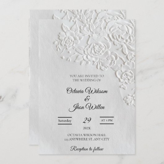 Embossed Roses Deckled Edge Sage Wedding Kaart (Voorkant / Achterkant)