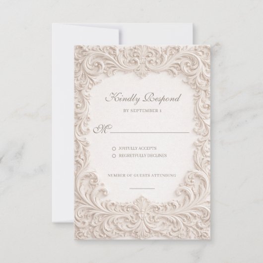 Embossed Style Ivory Rococo Scroll Wedding RSVP Kaartje (Voorkant)
