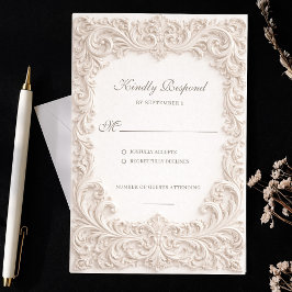Embossed Style Ivory Rococo Scroll Wedding RSVP Kaartje