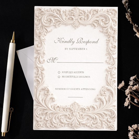 Embossed Style Ivory Rococo Scroll Wedding RSVP Kaartje