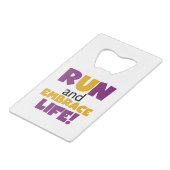 Embrace Life Paars Yellow Creditkaart Flessenopener (Voorkant Gekanteld)