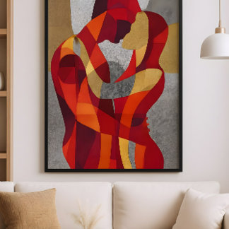 Embrace Me – Abstract Lovers Art in Red & Gold Poster