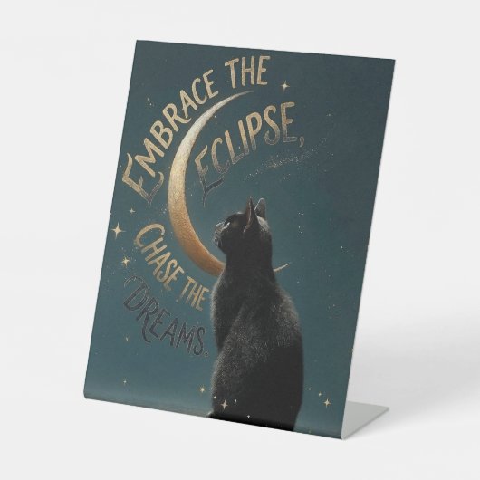 "Embrace the Eclipse" Celestial Cat Illustration Reclamebord Met Voetstuk (Voorkant)