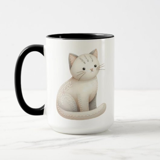 Embroidered Beige Kitty Boho Cat Mug Mok (Links)