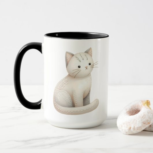 Embroidered Beige Kitty Boho Cat Mug Mok (Met donut)