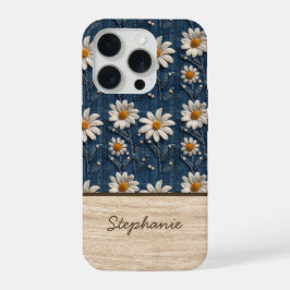 Embroidered Daisy Denim Phone Case with Name iPhone 15 Pro Case