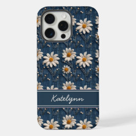 Embroidered Daisy Denim Phone Case with Name iPhone 15 Pro Max Case