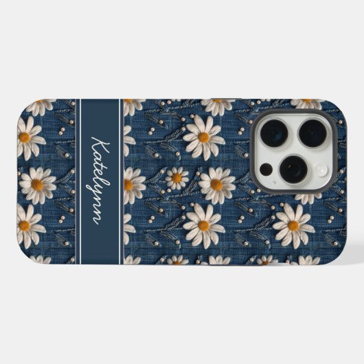 Embroidered Daisy Denim Phone Case with Name iPhone Hoesje (Achterkant horizontaal)
