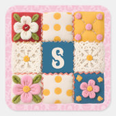 Embroidered Flower Patchwork Quilt Monogram Vierkante Sticker (Voorkant)