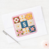Embroidered Flower Patchwork Quilt Monogram Vierkante Sticker (Envelop)