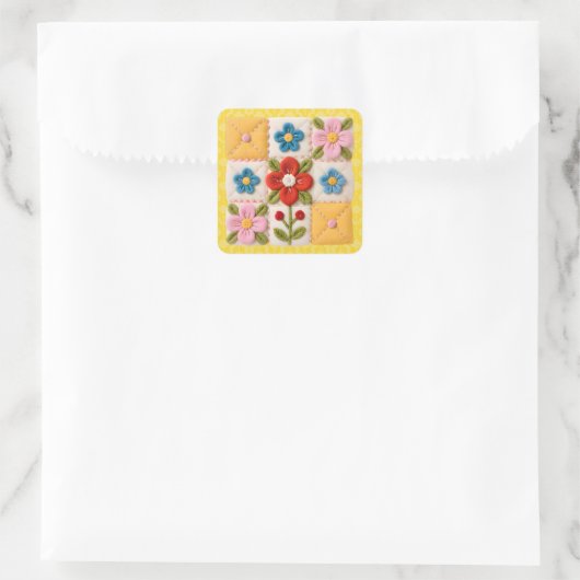 Embroidered Flower Patchwork Quilt Vierkante Sticker (Tas)