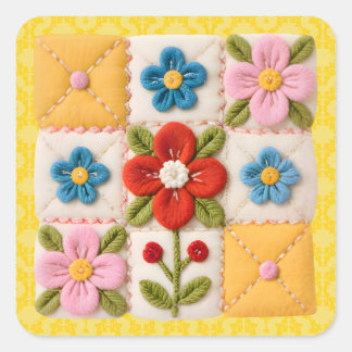 Embroidered Flower Patchwork Quilt Vierkante Sticker