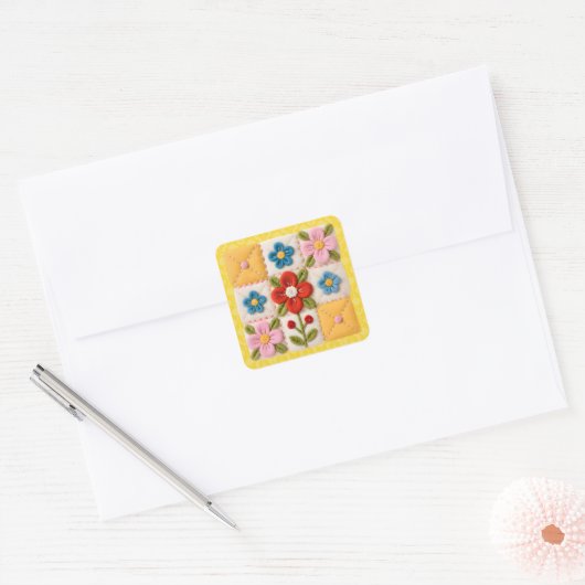 Embroidered Flower Patchwork Quilt Vierkante Sticker (Envelop)