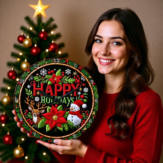 Embroidered Happy Holidays Black Grote Klok