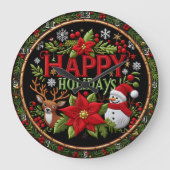 Embroidered Happy Holidays Black Grote Klok (Voorkant)