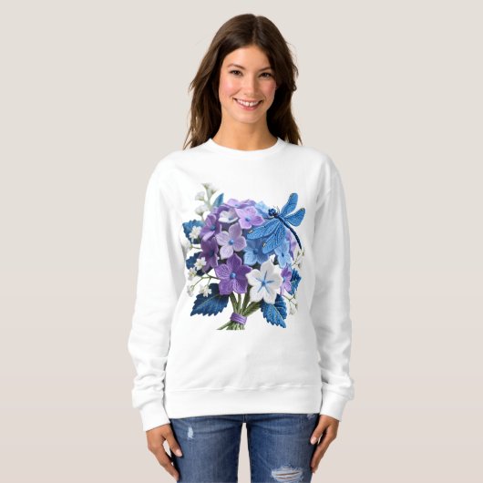 Embroidered Hydrangeas and Dragonfly Botanical Art Trui (Voorkant volledig)