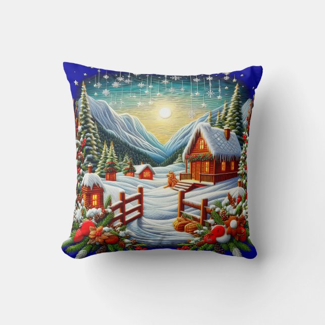 Embroidered Look Outdoor Winter Christmas Scene Kussen (Voorkant)