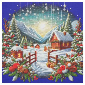 Embroidered Look Outdoor Winter Christmas Scene Stof