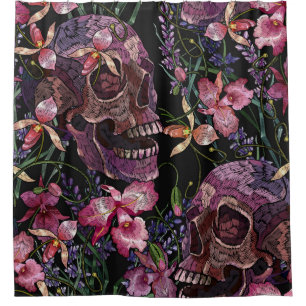 Embroiderige menselijke schedel en roze orchidee b douchegordijn