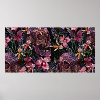 Embroiderige menselijke schedel en roze orchidee b poster