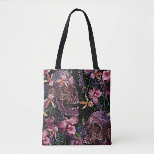 Embroiderige menselijke schedel en roze orchidee b tote bag