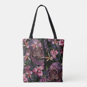 Embroiderige menselijke schedel en roze orchidee b tote bag (Achterkant)