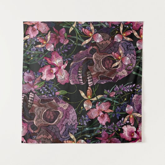 Embroiderige menselijke schedel en roze orchidee b wandkleed (Voorkant (horizontaal))