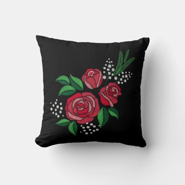 Embroidery Print Red Rose Green Verlaat witte bloe Kussen (Voorkant)