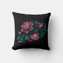 Embroidery Roze Blauwgroen Floral Black met baroks Kussen