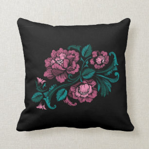 Embroidery Roze Blauwgroen Floral Black met baroks Kussen