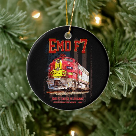 EMD F7 Santa Fe Warbonnet with American Flag. Keramisch Ornament (Boom)